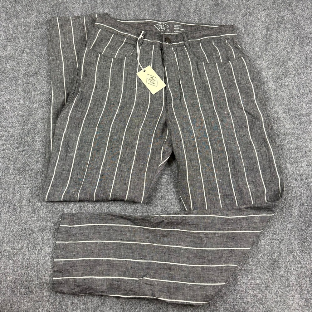 Alex Crane Bo Pants Mens 30 Grey White Striped 100% Linen Relaxed Trousers NWT